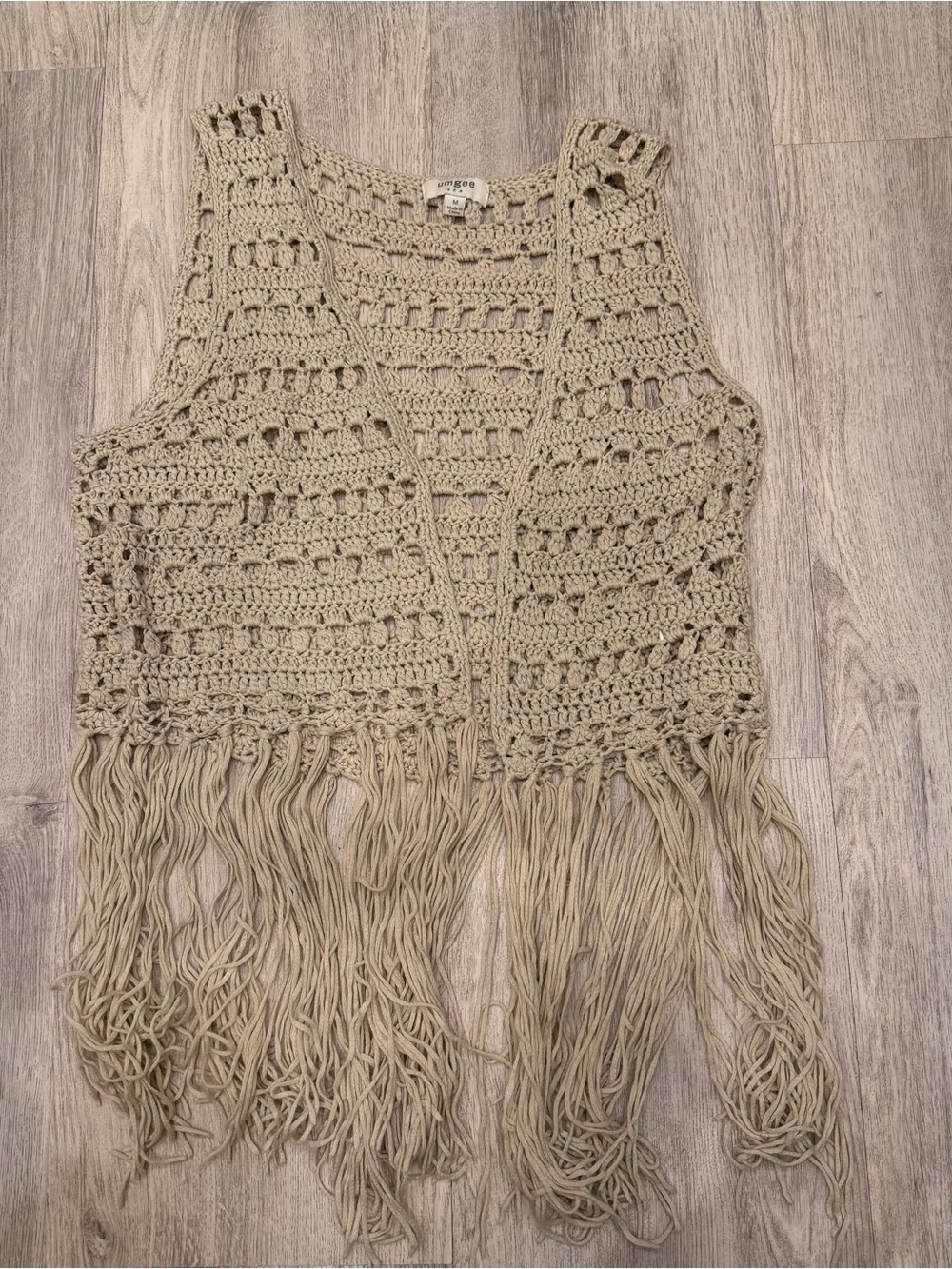 Umgee Beige Crochet Fringe Open Front Vest Size Medium Boho Festival